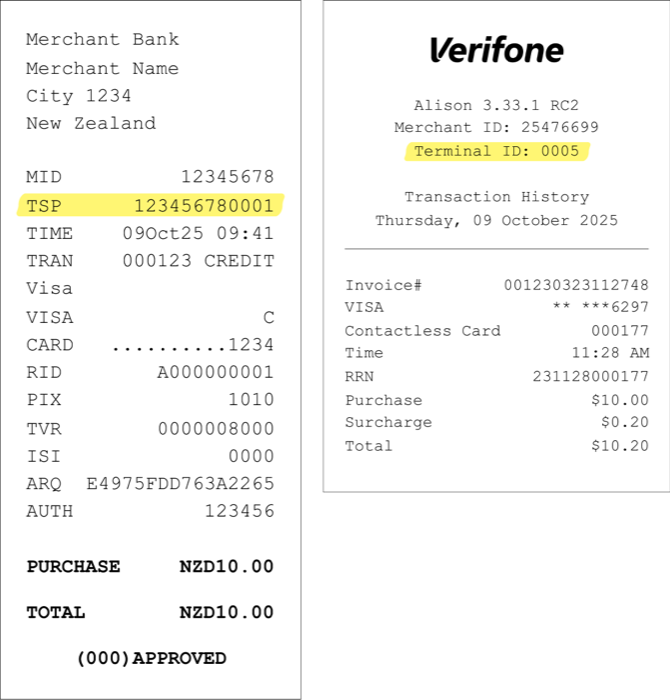 Example receipts showing Terminal ID location